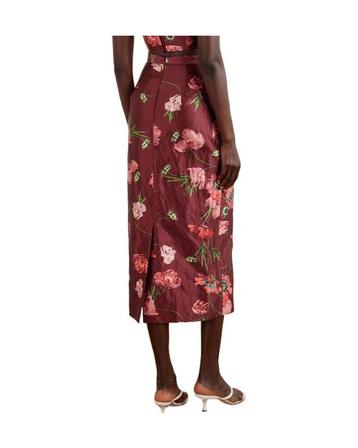 Erdem Red Floral-Printed Satin Midi Pencil Skirt