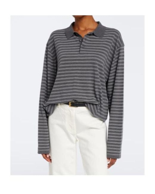 Nili Lotan Gray Striped Cotton Jersey Polo Shirt
