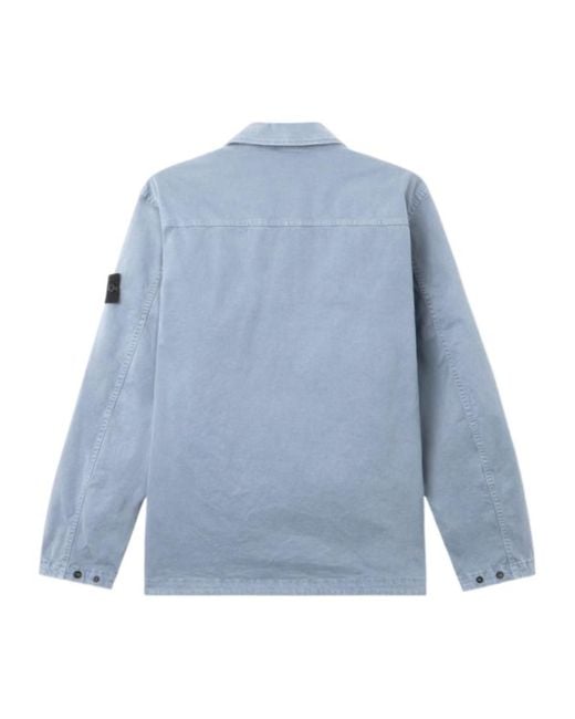 Stone Island Blue Logo Patch Long Sleeved Shirt Jacket for men