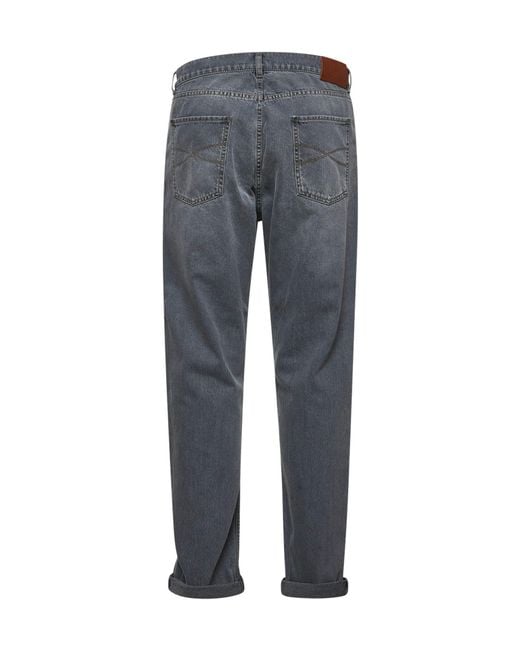 Brunello Cucinelli Gray Logo Patch Garment-Dyed Jeans for men