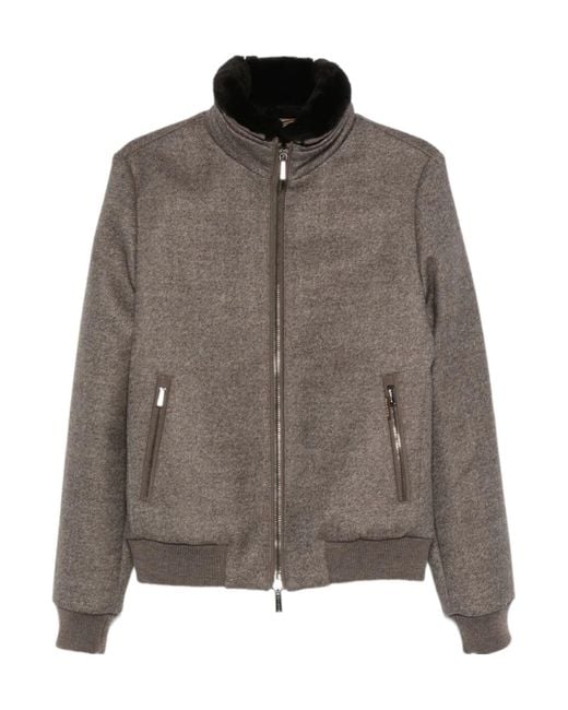 Moorer Brown Shearling-Collar Zip-Front Jacket for men