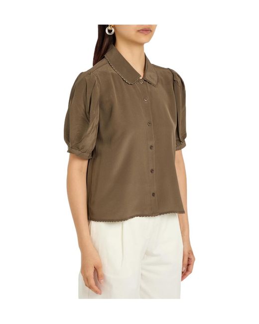 FRAME Brown The Silk Prim Cropped Silk-Chiffon Blouse