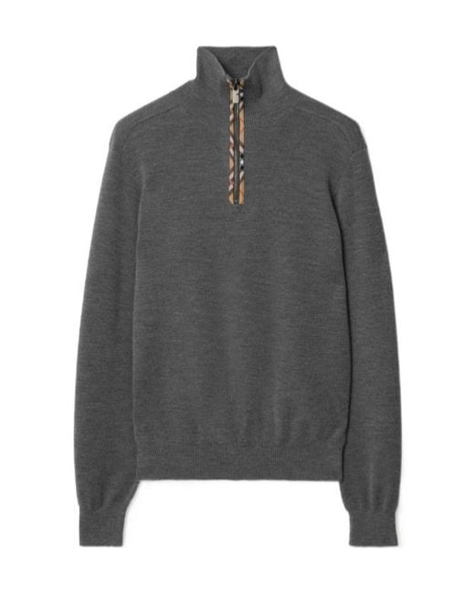 Burberry Gray Check Trim Half-Zip Jumper for men