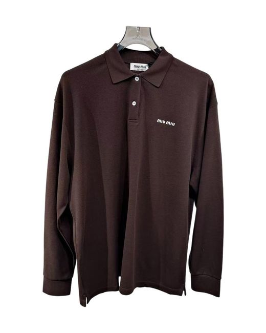 Miu Miu Brown Logo-Embroidered Long-Sleeved Polo Shirt