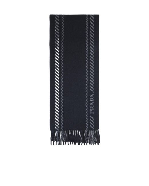 Prada Blue Fringed Knitted Scarf for men