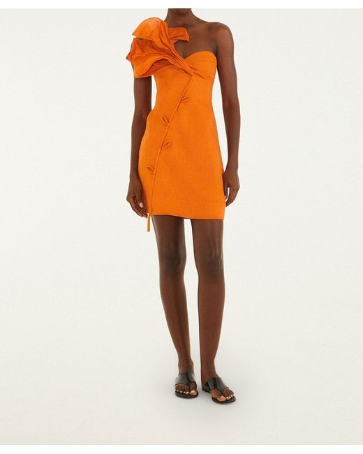 Farm Rio Orange Ruffle One-Shoulder Mini Dress
