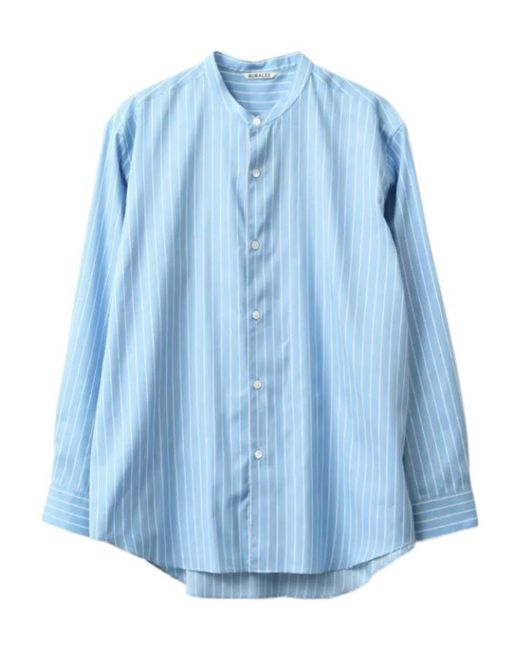 Auralee Blue Striped Stand-Collar Shirt for men