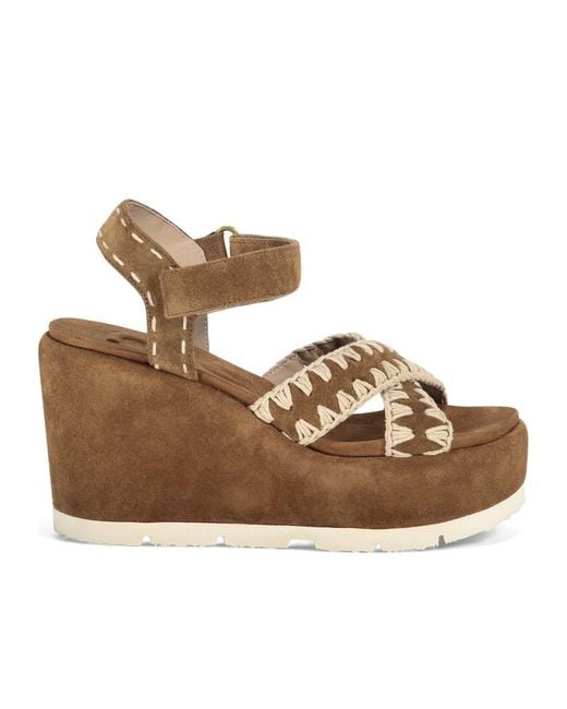Mou Brown Criss Cross Stitched Wedge Sandals