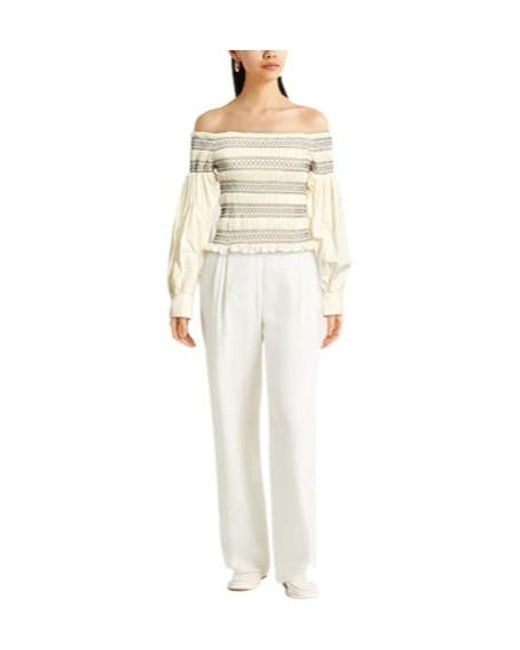 Max Mara Natural Off-Shoulder Long-Sleeve Color-Block Top