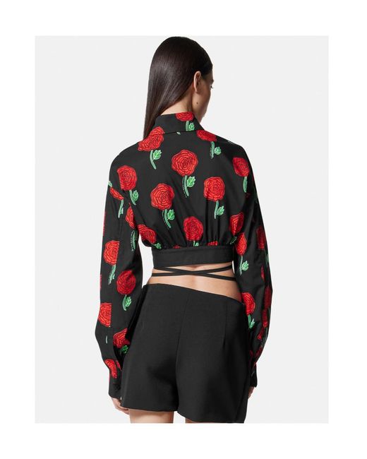 Versace Jeans Red Couture Floral-Printed Buttoned Cropped Blouse