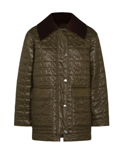 Ganni Green Shiny Quilt Midi Jacket