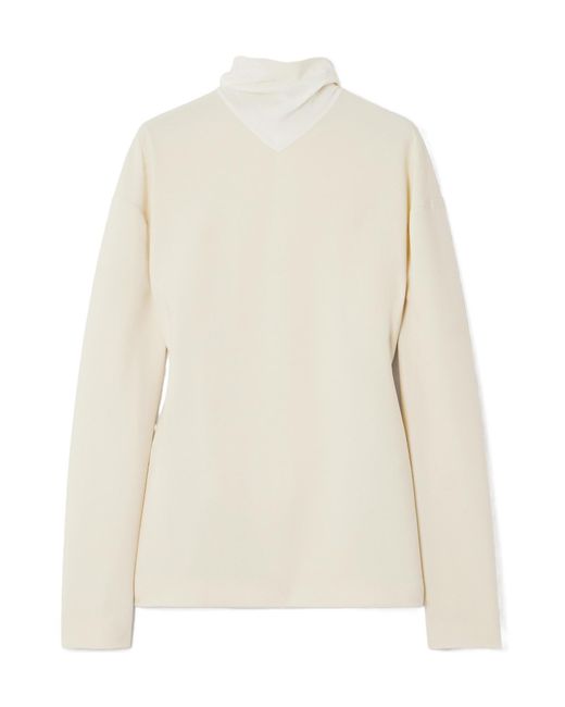 Carven White Fringed Scarf-Detailed Silk-Trimmed Wool-Blend Blouse