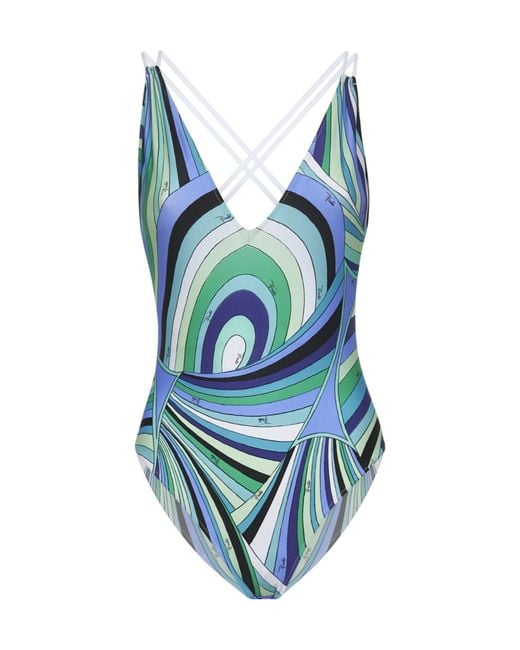 Emilio Pucci Blue Pucci Iride V-Neck Swimsuit