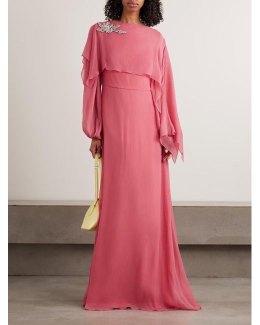 Erdem Pink Cape-Effect Asymmetric Embellished Silk-Crepon Gown
