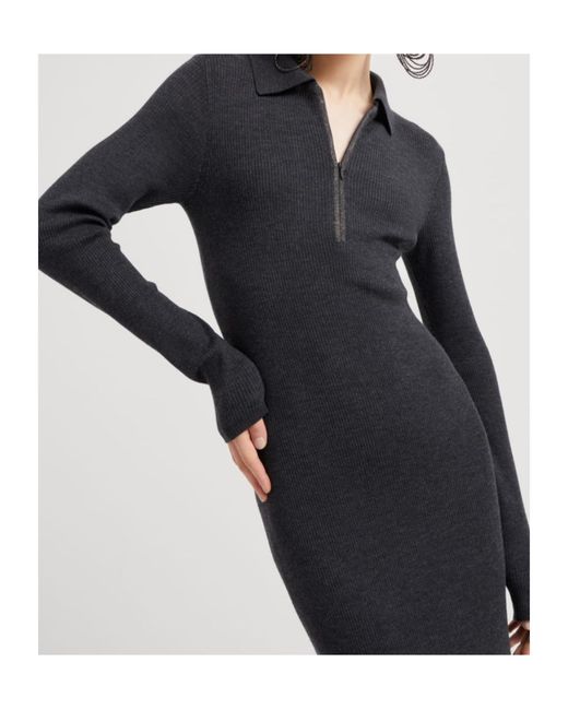 Brunello Cucinelli Black Monili-Trim Long-Sleeved Midi Dress