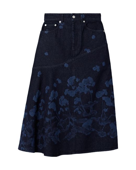 Erdem Blue Paneled Floral-Print Denim Midi Skirt