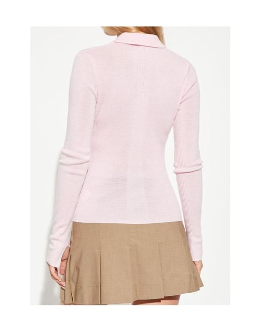 Ganni Pink Long-Sleeved Knitted Polo Top