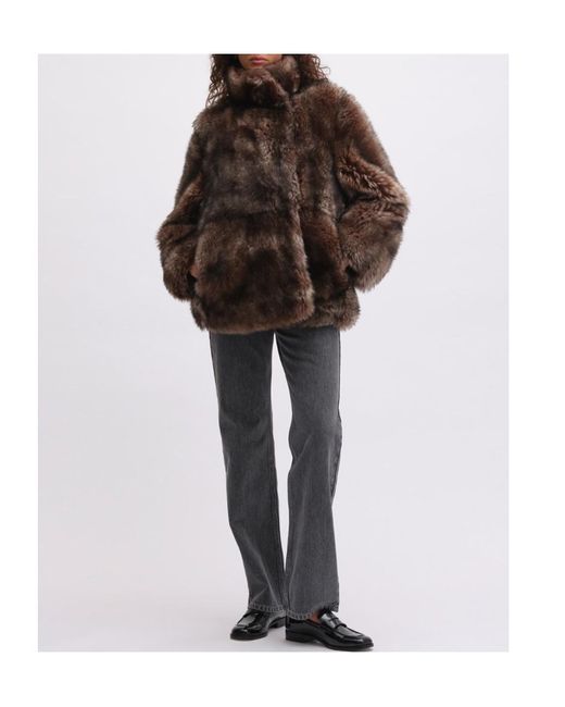 REMAIN Birger Brown High-Necked Woolen Fur Coat
