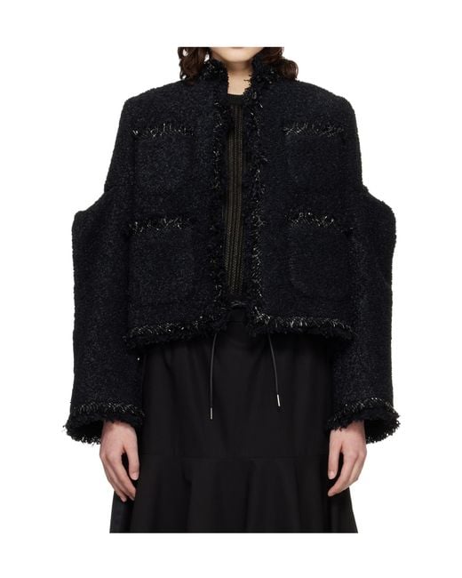 Sacai Black Long Sleeved Crewneck Tweed Jacket