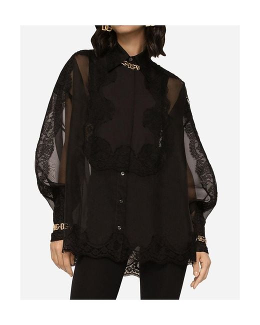 Dolce & Gabbana Black Floral Lace-Detailed Semi-Sheer Buttoned Shirt