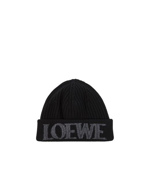 Loewe Black Logo Embroidered Ribbed-Knit Beanie for men