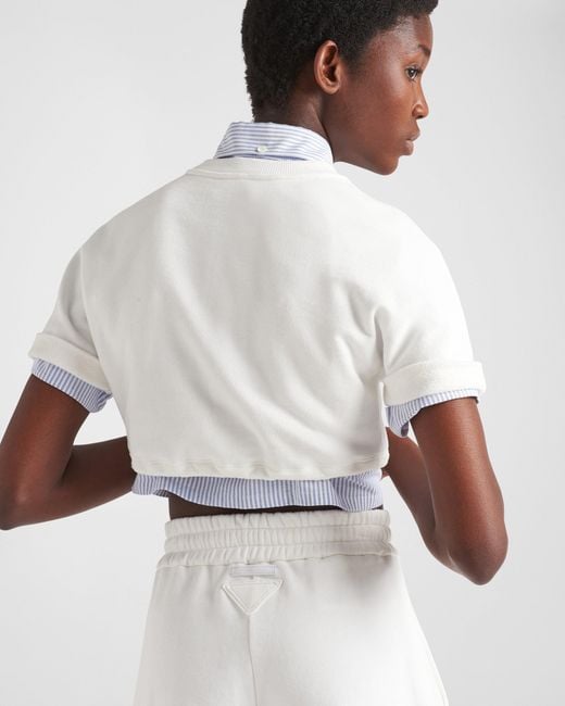 Prada White Cropped Cotton Fleece T-Shirt