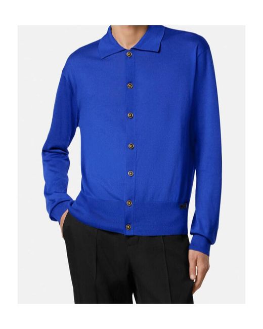 Versace Blue Buttoned Collared Cardigan for men