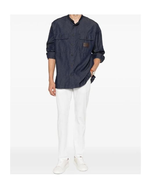 Emporio Armani Blue Logo Patch Button-Up Shirt for men