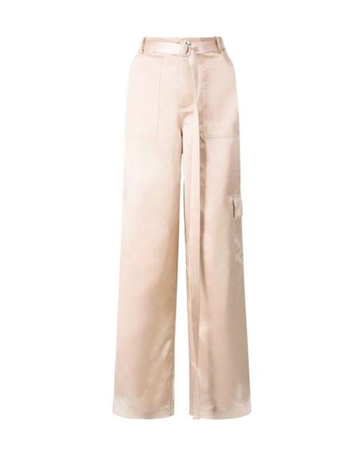 Staud Natural Belted Satin-Finish Palazzo Pants