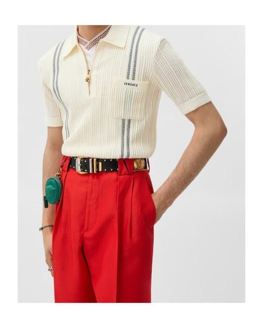Versace White Logo-Embroidered Knitted Polo Shirt for men