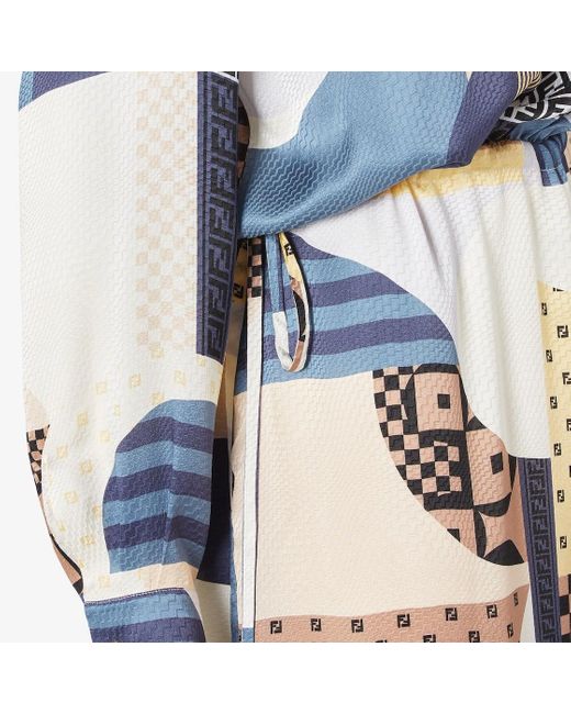 Fendi Blue Patchwork Printed Drawstring-Waist Midi Dress