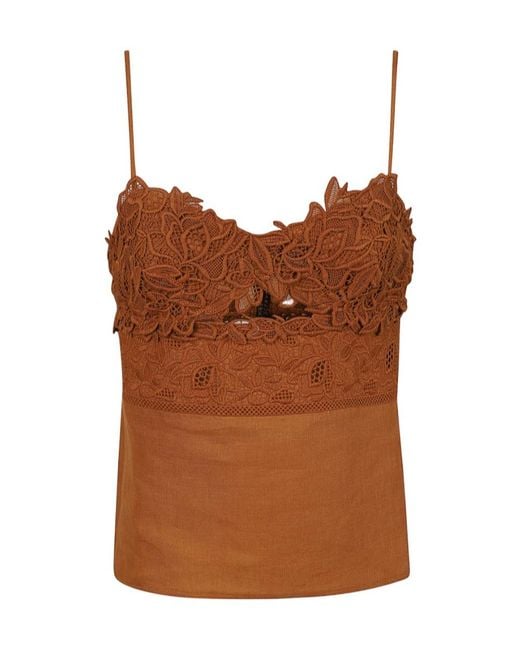 Ermanno Scervino Brown Floral Lace Linen Top