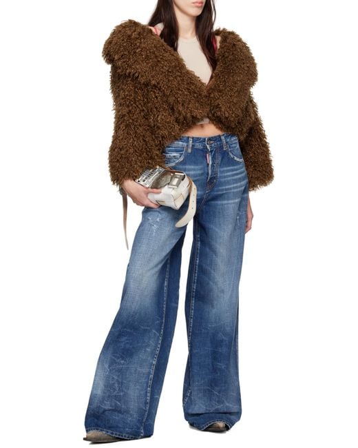 DSquared² Blue Distressed Wide-Leg Denim Jeans