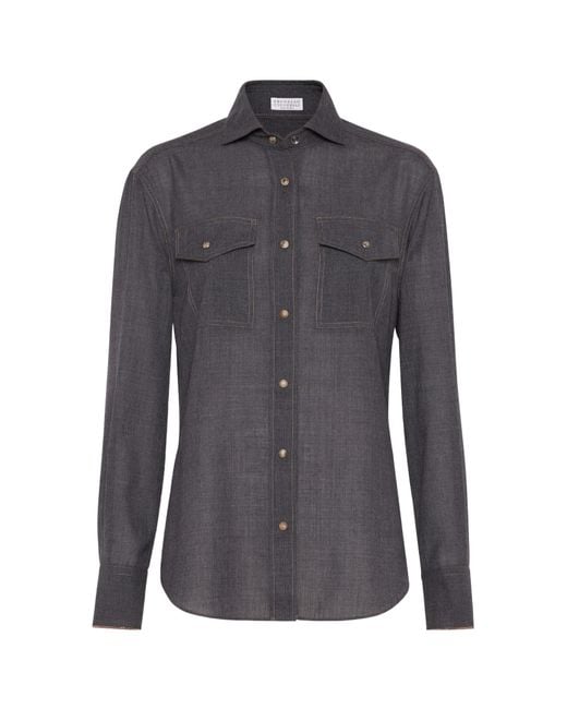 Brunello Cucinelli Blue Monili-Trim Button-Up Shirt