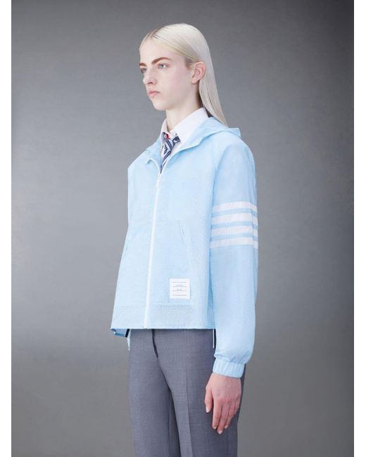 Thom Browne Blue 4-Bar Stripe Detailed Hooded Jacket