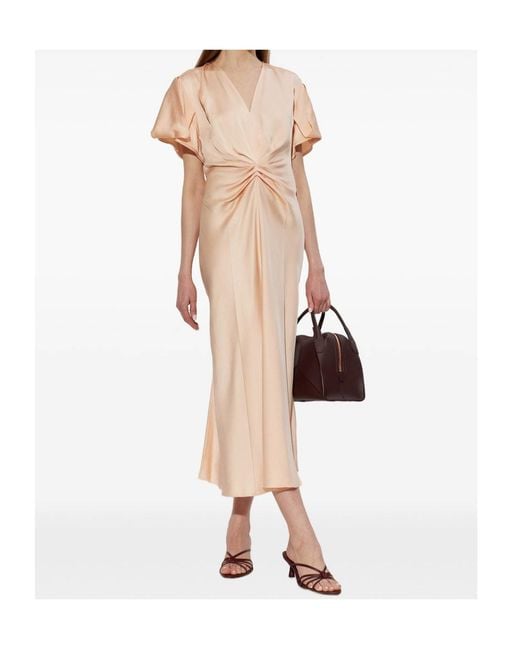 Victoria Beckham Natural Gathered V-Neck Long Dress