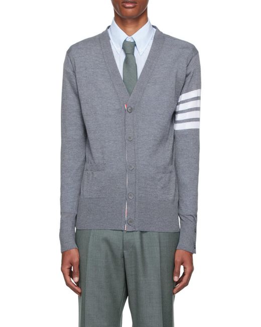 Thom Browne Gray Bar Striped V-Neck Cardigan for men