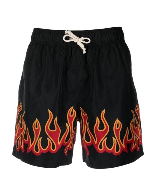 Palm Angels Black Flame-Printed Drawstring Swimming Trunks for men