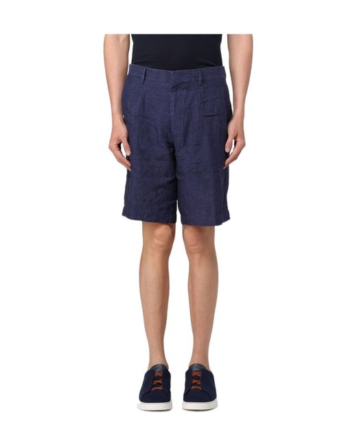 Zegna Blue Pleated Linen Bermuda Shorts for men