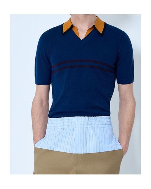 Dries Van Noten Blue Striped Collared Knitted Top for men