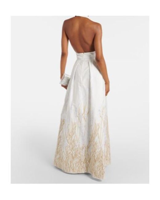Elie Saab White Embroidered Halterneck Cotton-Blend Gown