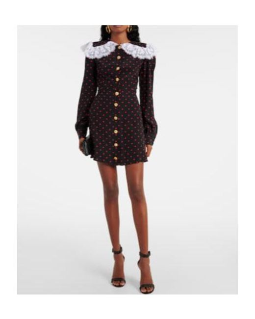 Alessandra Rich Black Polka-Dot Lace-Trimmed Silk Minidress