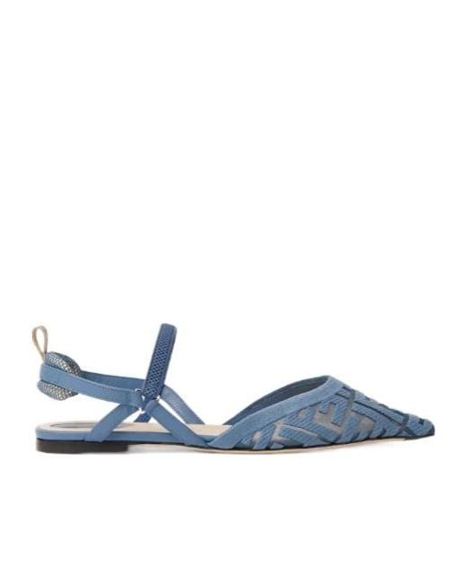 Fendi Blue Ff-Motif Slingback Pumps Flats
