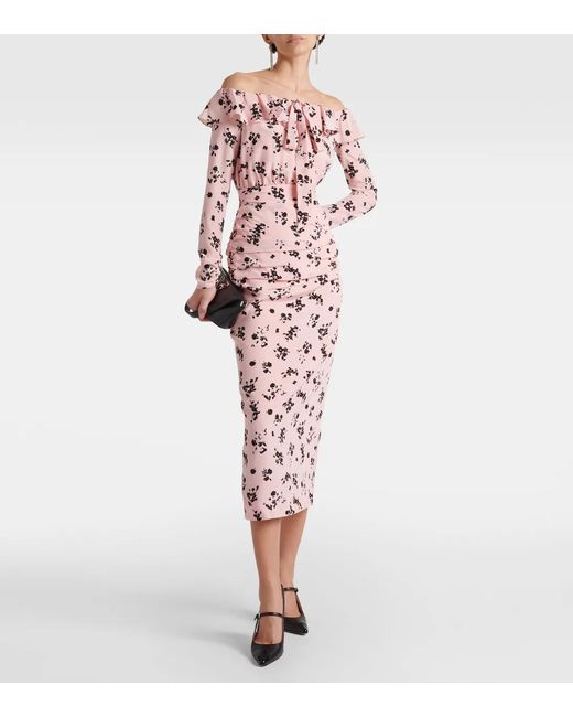 Alessandra Rich Pink Floral Off-Shoulder Silk Midi Dress