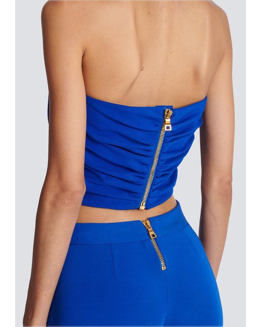 Balmain Blue Ruched Halter Neck Crossover Top
