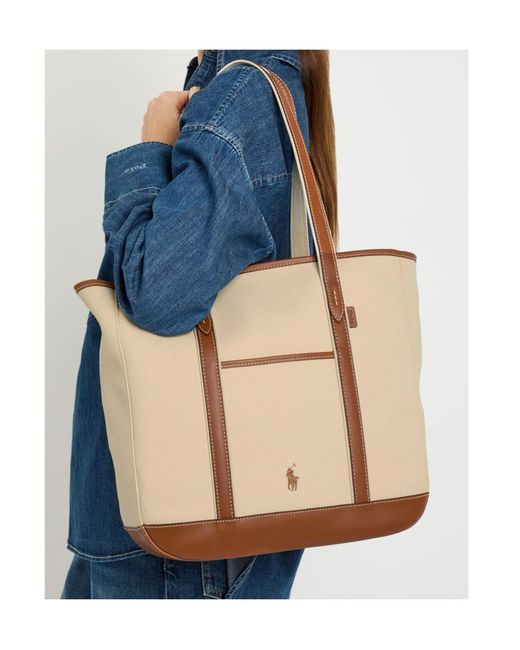 Polo Ralph Lauren Natural Medium Leather-Trimmed Canvas Tote Bag