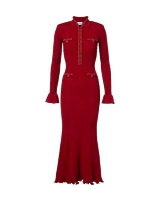 Self-Portrait Red Beaded Ribbed-Knit Midi Dress