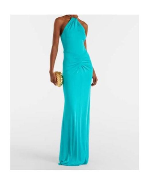 Carolina Herrera Blue Halterneck Ruched Jersey Gown