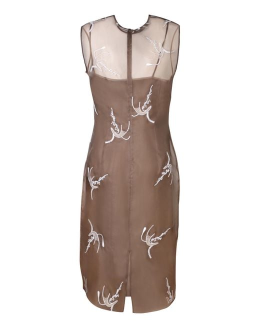 Prada Brown Allover Embroidered Sleeveless Midi Dress