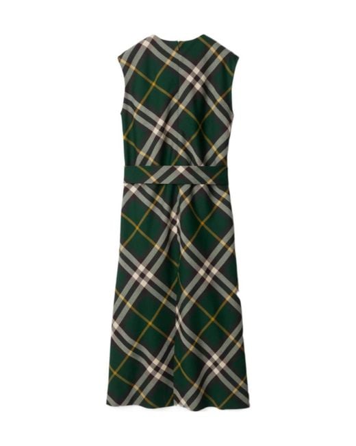Burberry Green Check Motif Wool Midi Dress